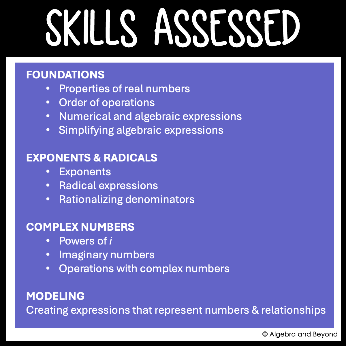 Algebra 2 Foundations Assessments | Quizzes | Study Guide | Test
