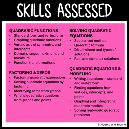Quadratic Function Assessments | Quizzes | Study Guide | Test