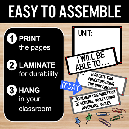 Precalculus Learning Targets, Clip Charts, Bulletin Board, Printable Objectives