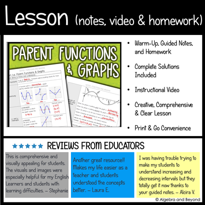 Parent Functions and Graphs Activities, Graphic Organizers, Review Worksheets