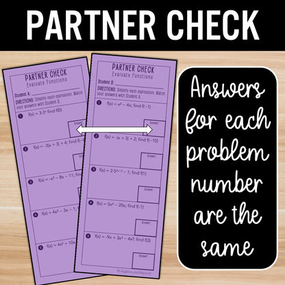 Evaluating Functions Practice Activity – Function Notation Partner Worksheets