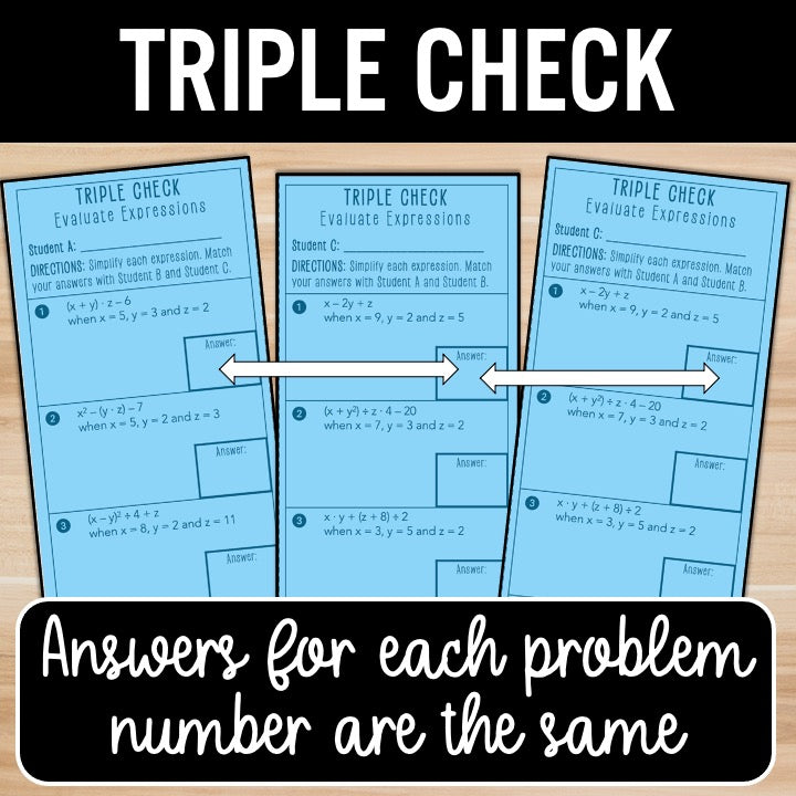 Evaluating Algebraic Expressions Activity – Self-Check Practice Worksheets
