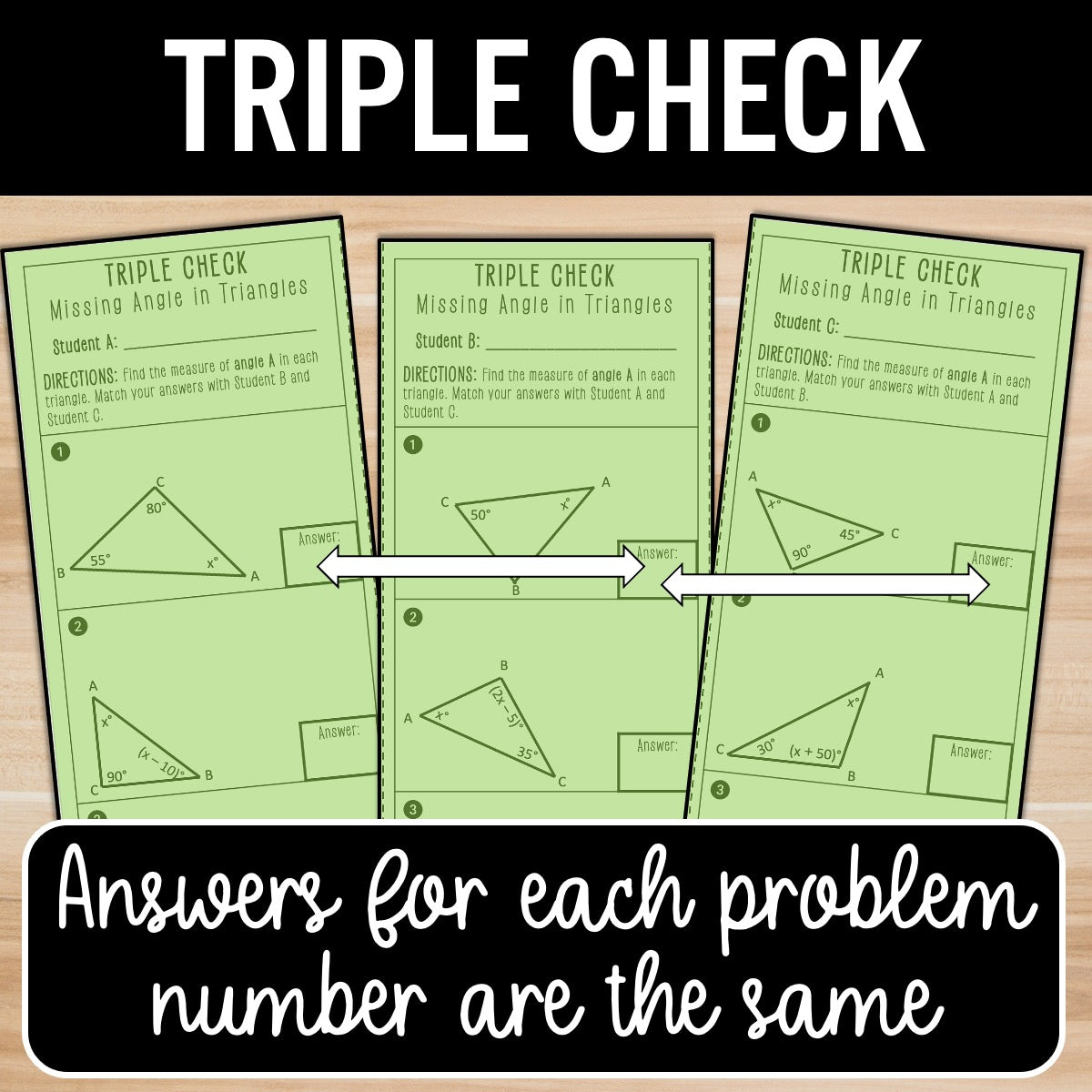 Missing Angles of Triangles with Algebra Activity – Self-Check Worksheets