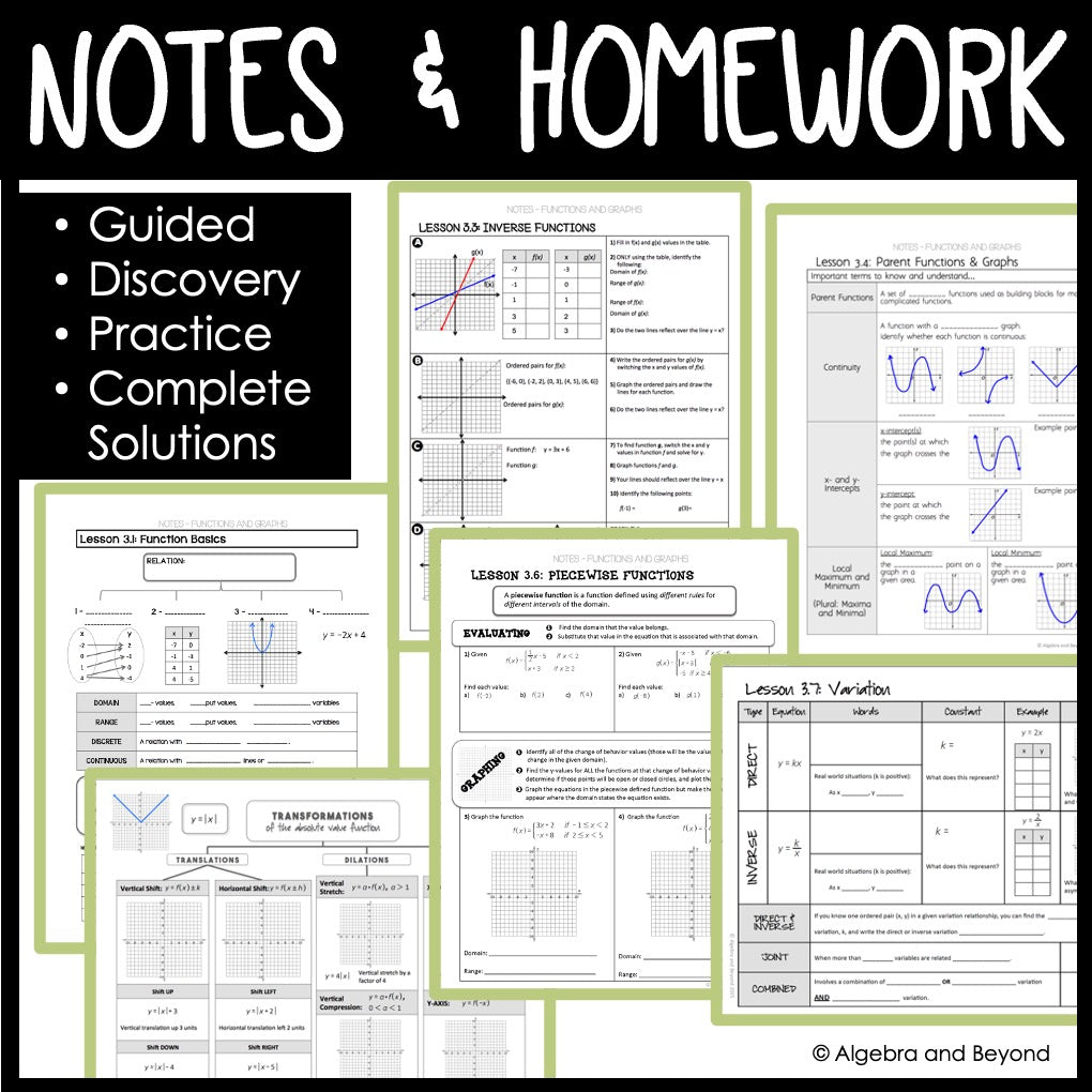 Functions and Graphs Unit Bundle | Algebra 2 | Guided Notes | Homework | Assessments