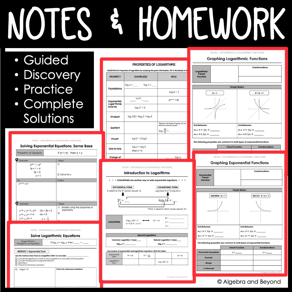 Exponential and Logarithmic Functions Unit Bundle | Notes | Homework | Assessments