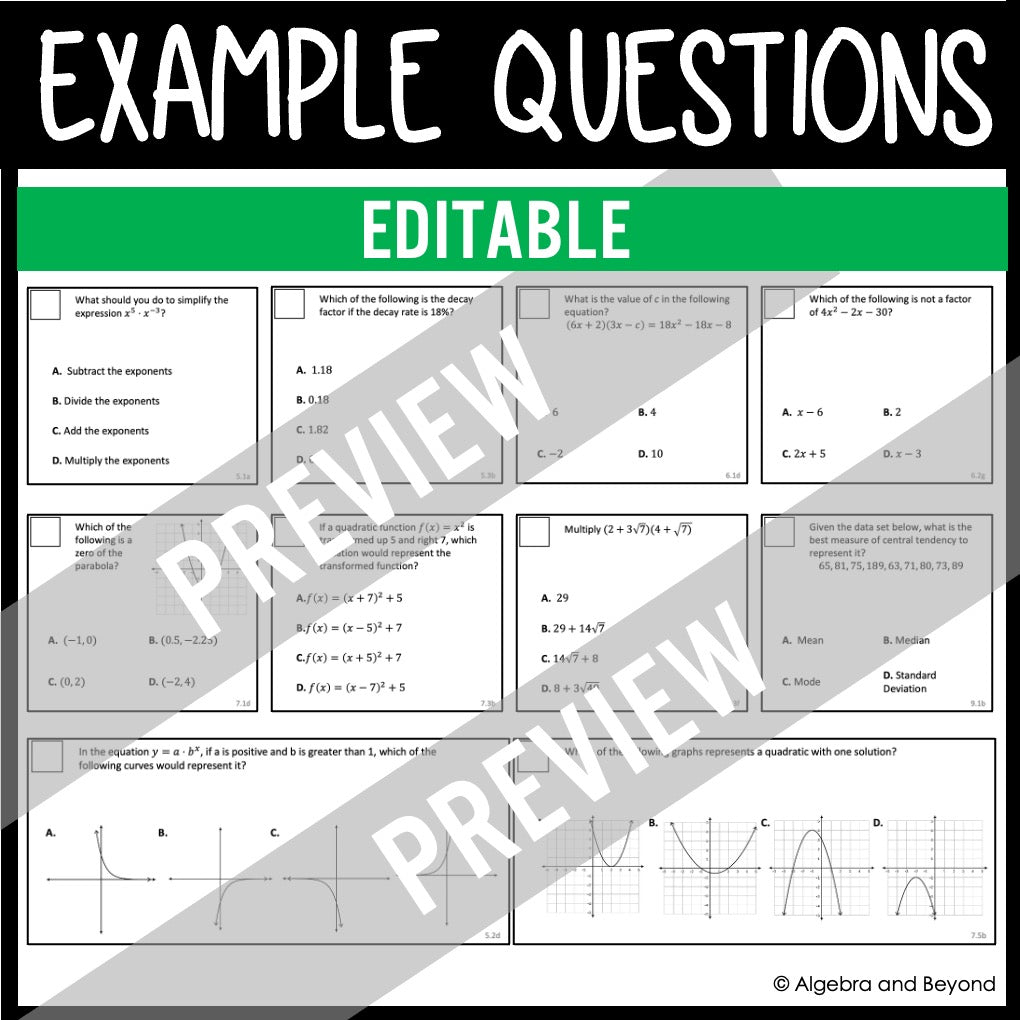 Algebra 1 Midterm and Final Exam | Semester Review | End of the Year Assessments