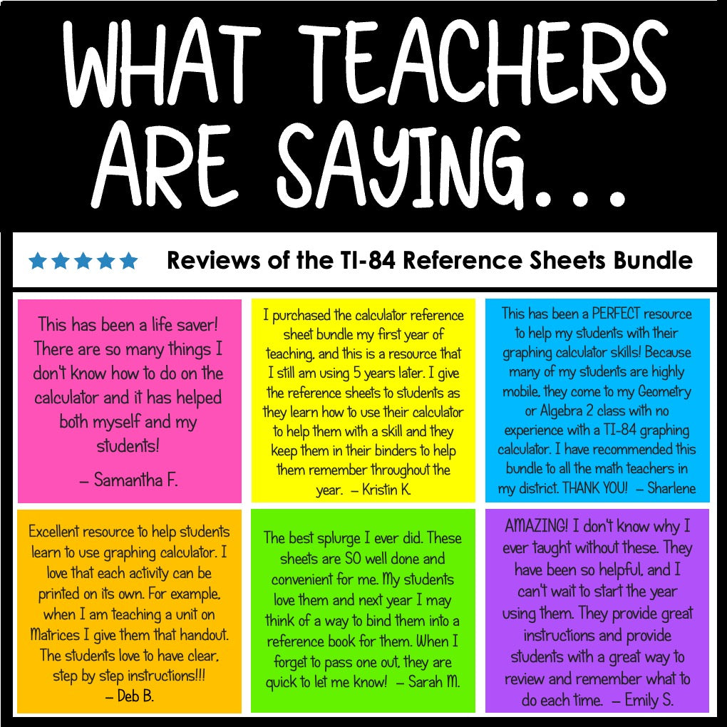 TI-84 Graphing Calculator Reference Sheets Bundle