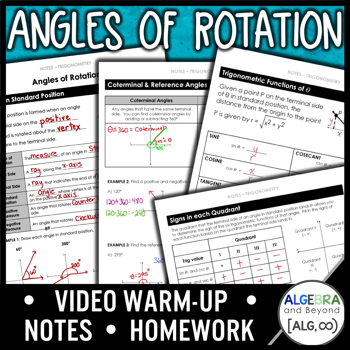 Angles of Rotation Lesson | Trigonometry | Algebra 2 | Warmup | Notes | Homework