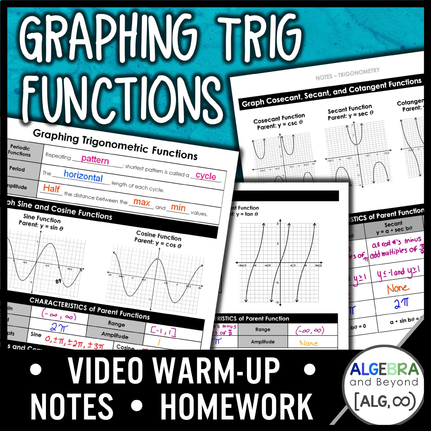 Graphing Trigonometric Functions Lesson | Algebra 2 | Warmup | Notes | Homework