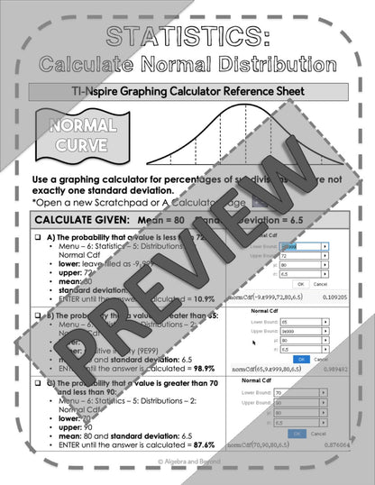 Normal Distribution | Statistics | TI-Nspire Graphing Calculator Reference Sheet