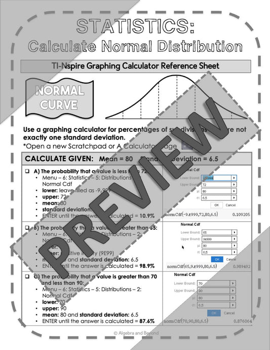 Normal Distribution | Statistics | TI-Nspire Graphing Calculator Reference Sheet