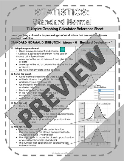 Normal Distribution | Statistics | TI-Nspire Graphing Calculator Reference Sheet