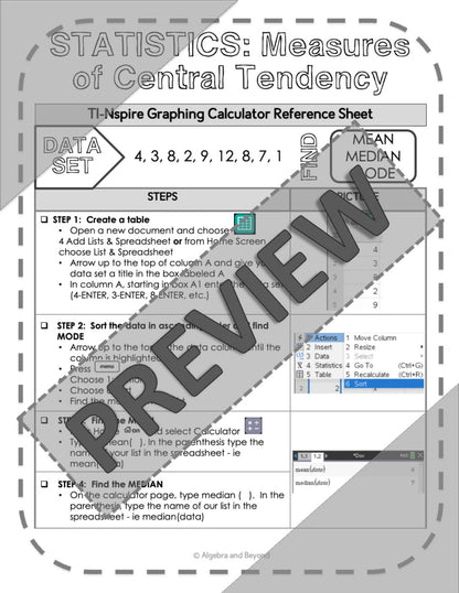Statistics | Measures of Central Tendency | TI-Nspire Calculator Reference Sheet
