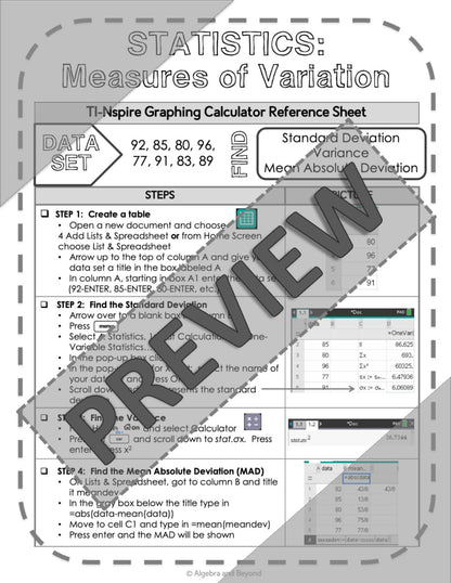 Statistics | Measures of Variation | TI-Nspire Calculator Reference Sheet