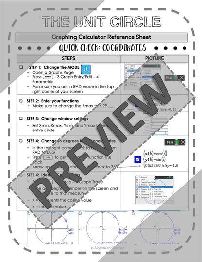 The Unit Circle - Coordinates | TI-Nspire Graphing Calculator Reference Sheet