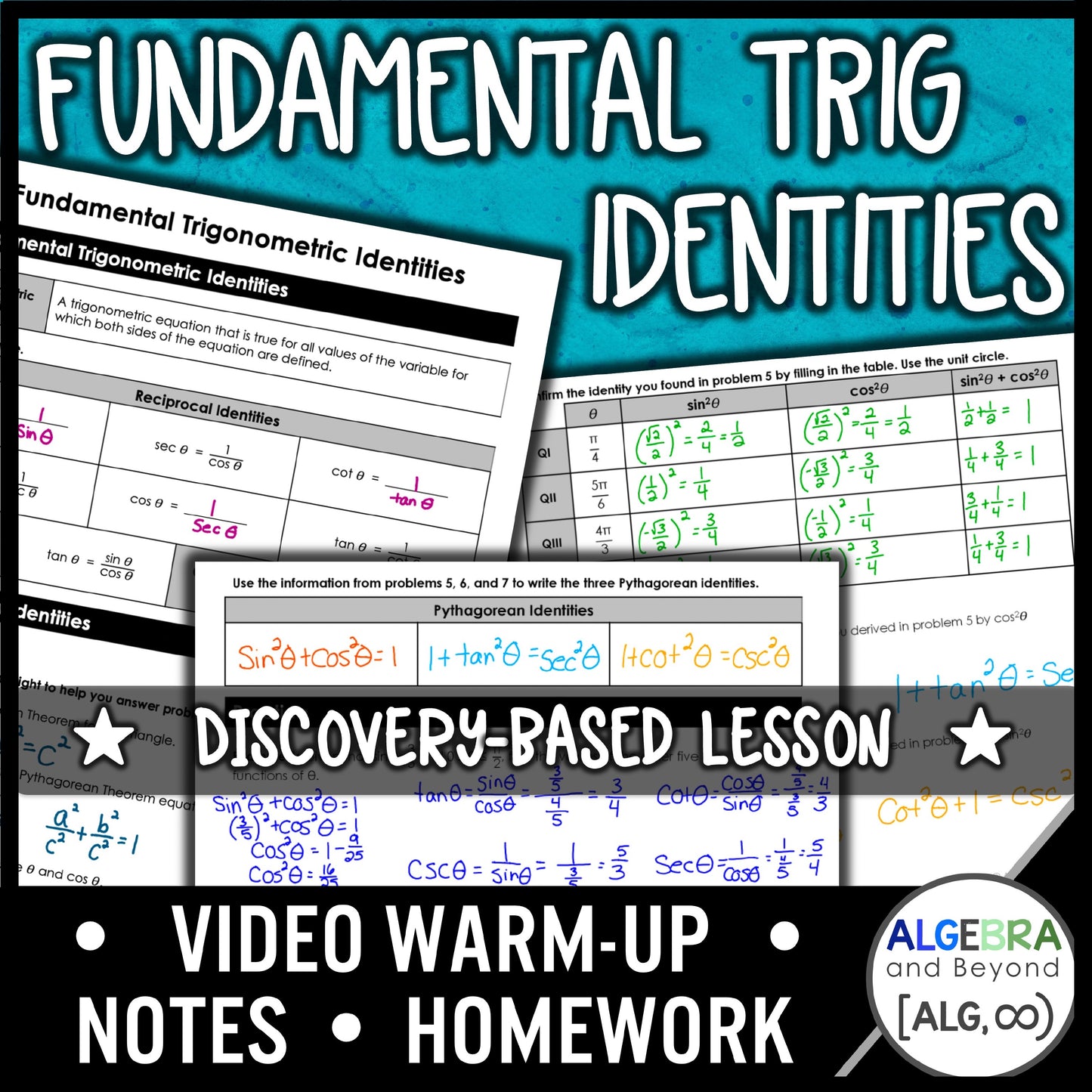 Trigonometric Identities Lesson | Algebra 2 | Warmup | Notes | Homework