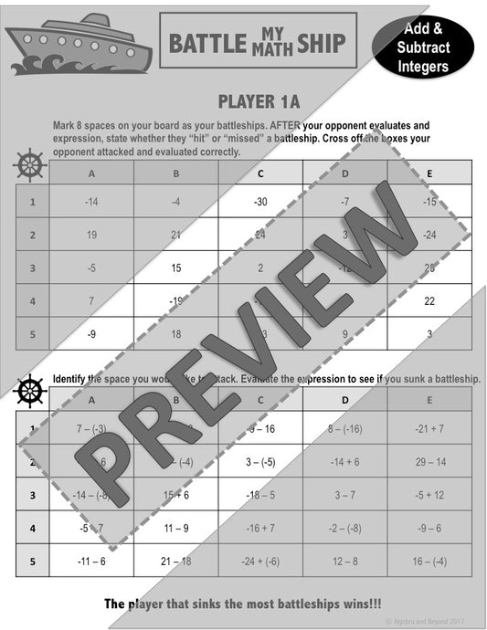Add and Subtract Integers Activity | Battle My Math Ship | Print and Digital
