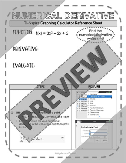 Numerical Derivative | TI-Nspire Graphing Calculator Reference Sheet