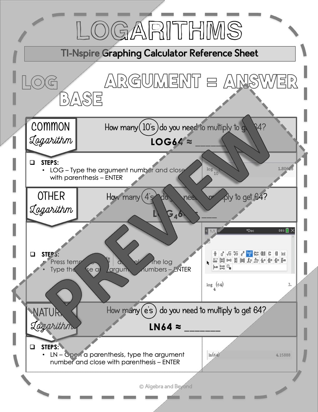 Logarithms | TI-Nspire Graphing Calculator Reference Sheet