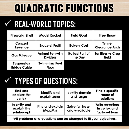 Quadratic Functions (Algebra 2) Real World Applications Multiple Representations