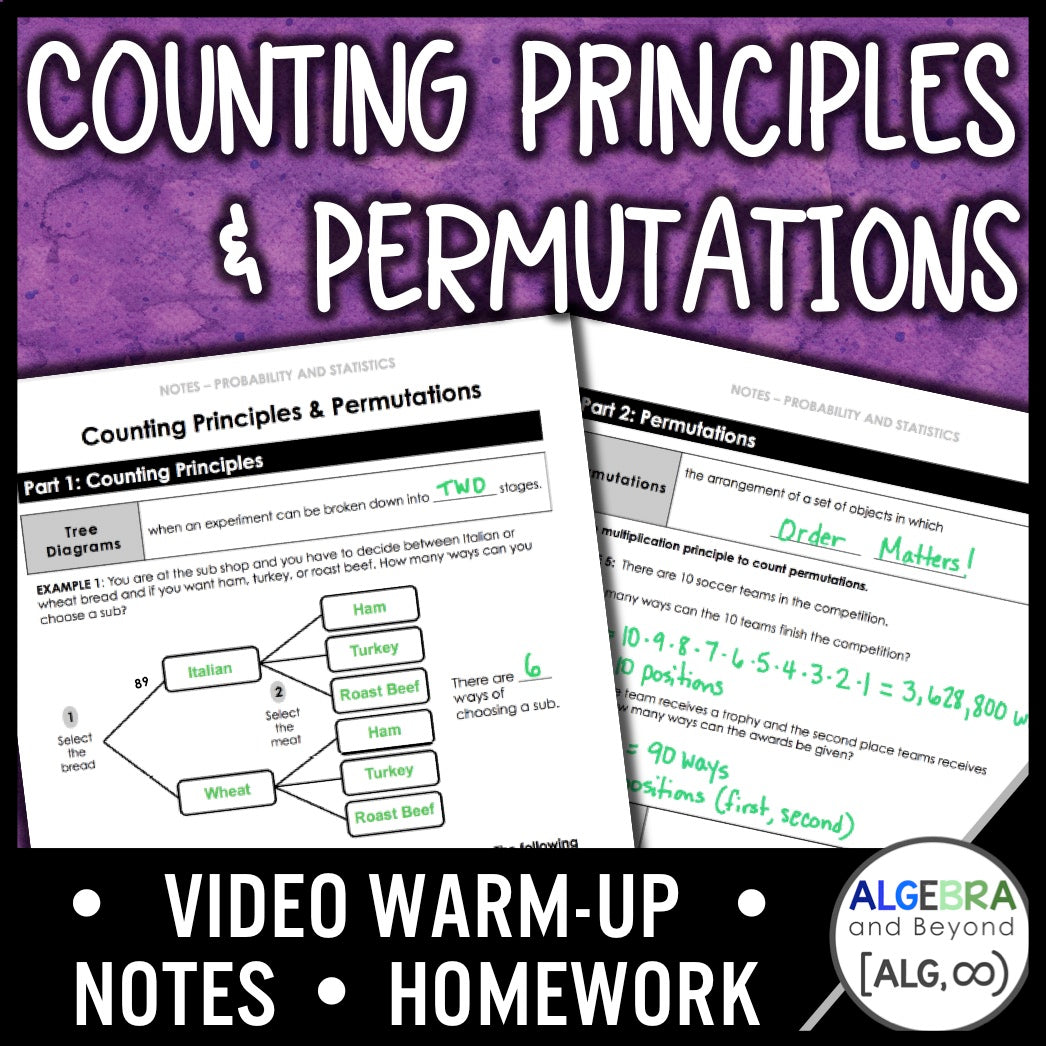 Counting Principles and Permutations Lesson | Warm-Up | Guided Notes | Homework