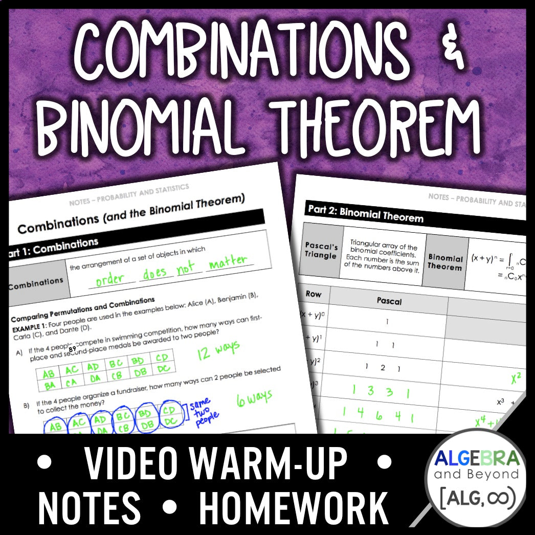 Combinations and Binomial Theorem Lesson | Warm-Up | Guided Notes | Homework