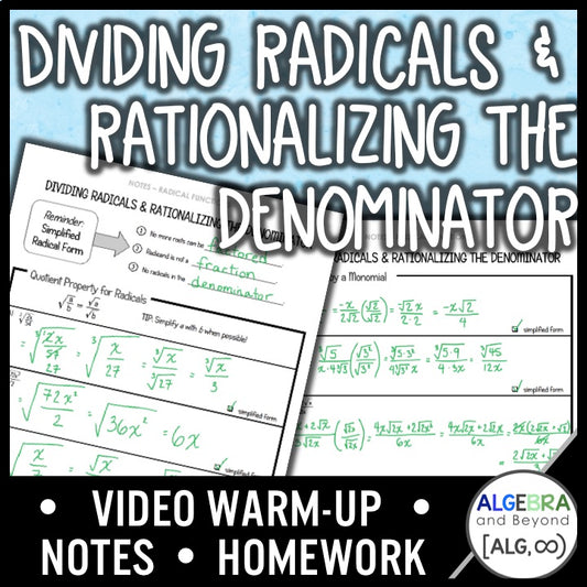 Divide Radicals & Rationalize Denominator Lesson | Warm-Up | Notes | Homework