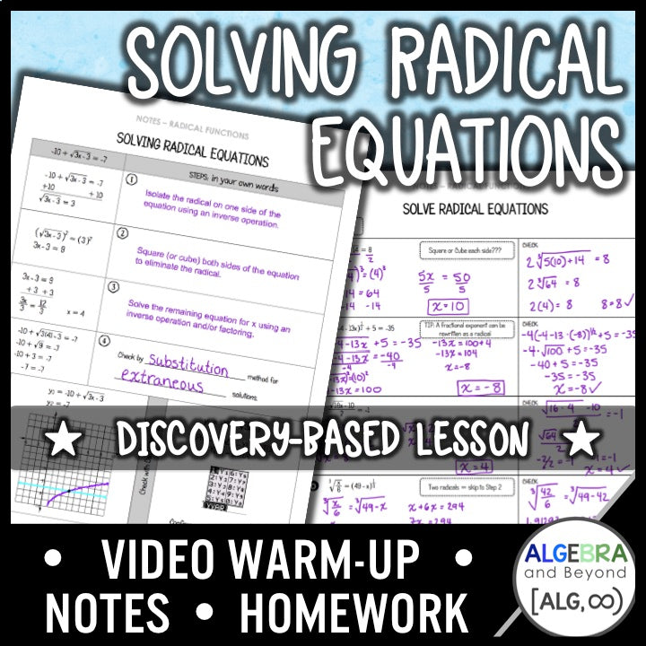 Solving Radical Equations Lesson | Warm-Up | Guided Notes | Homework