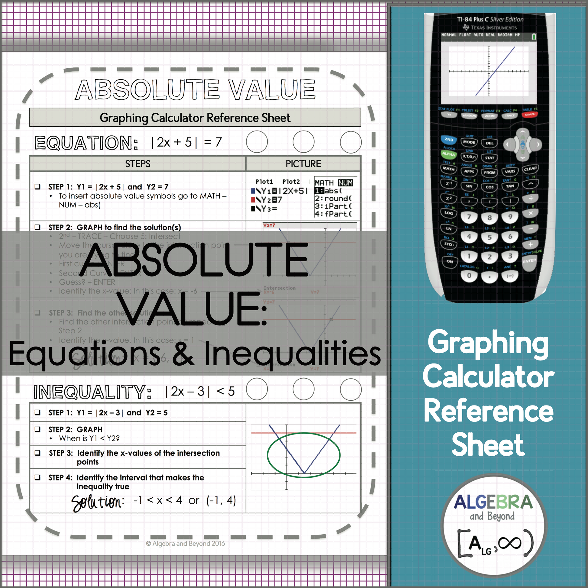Graphing Absolute Value Equations and Inequalities | TI-84 Reference Sheets