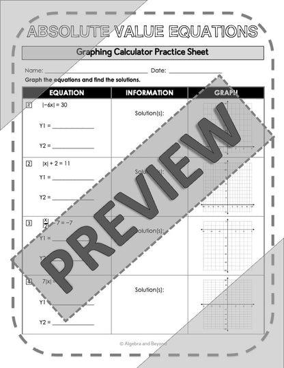 Graphing Absolute Value Equations and Inequalities | TI-84 Reference Sheets