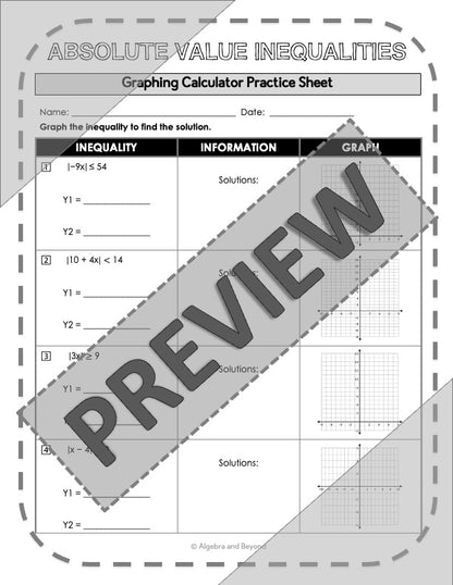 Graphing Absolute Value Equations and Inequalities | TI-84 Reference Sheets