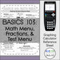 Math Menu, Fractions, and Test Menu | TI-84 Graphing Calculator Reference Sheet