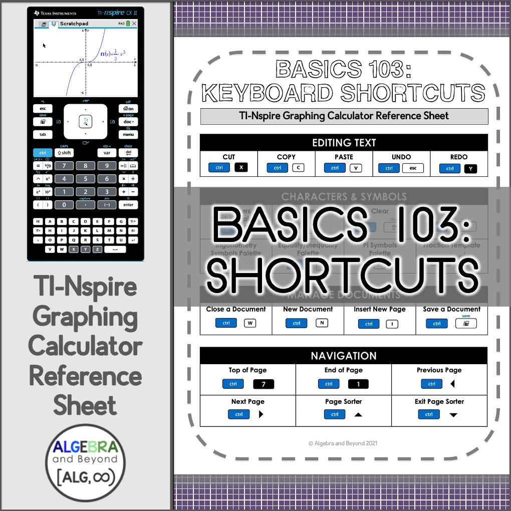 TI-Nspire Graphing Calculator Reference Sheets | Shortcuts | Basics 103