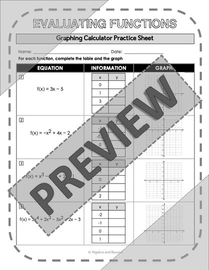 Evaluating Functions | TI-84 Graphing Calculator Reference Sheet and Practice
