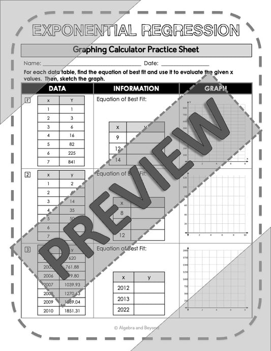 Exponential Regression | TI-84 Graphing Calculator Reference Sheet and Practice