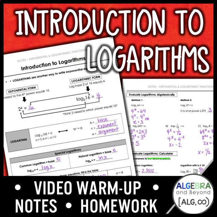 Introduction to Logarithms Lesson | Warm-Up | Guided Notes | Homework ...