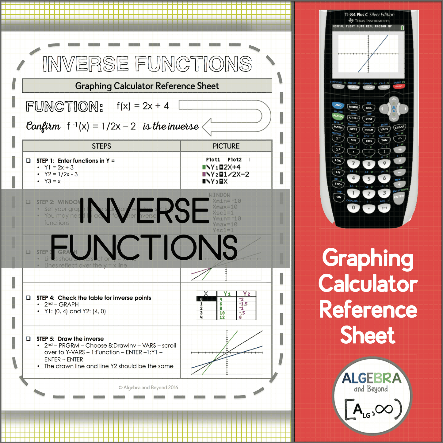 Graphing Inverse Functions | TI-84 Calculator Reference Sheet and Practice