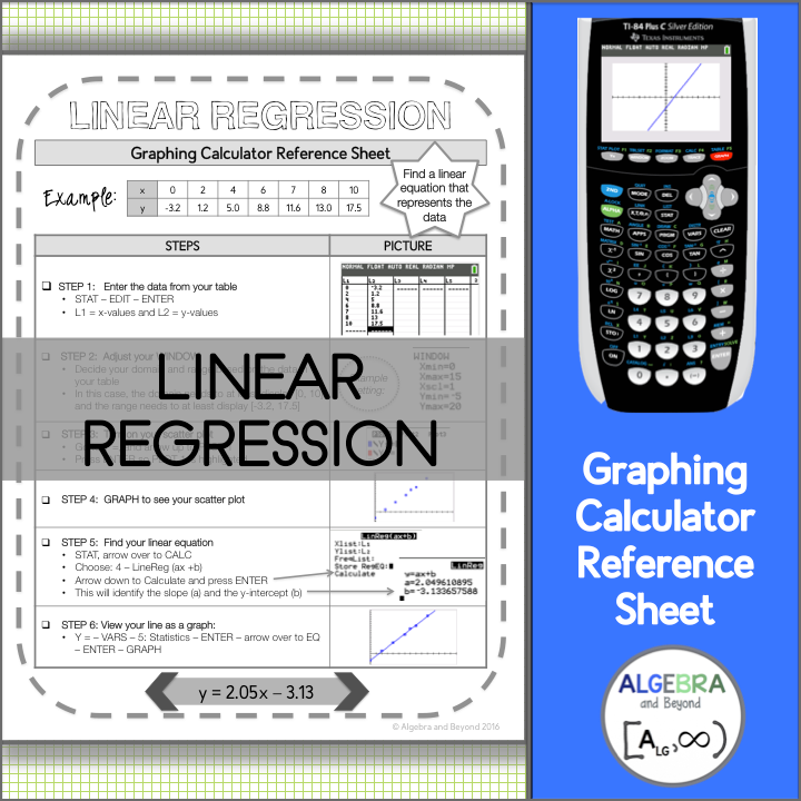 Linear Regression | TI-84 Graphing Calculator Reference Sheet and Practice