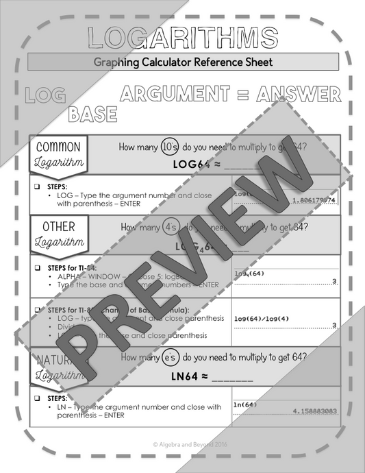 Logarithms | TI-84 Graphing Calculator Reference Sheet