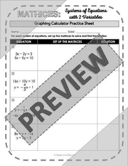 Systems of Equations with Matrices | TI-84 Graphing Calculator Reference Sheets