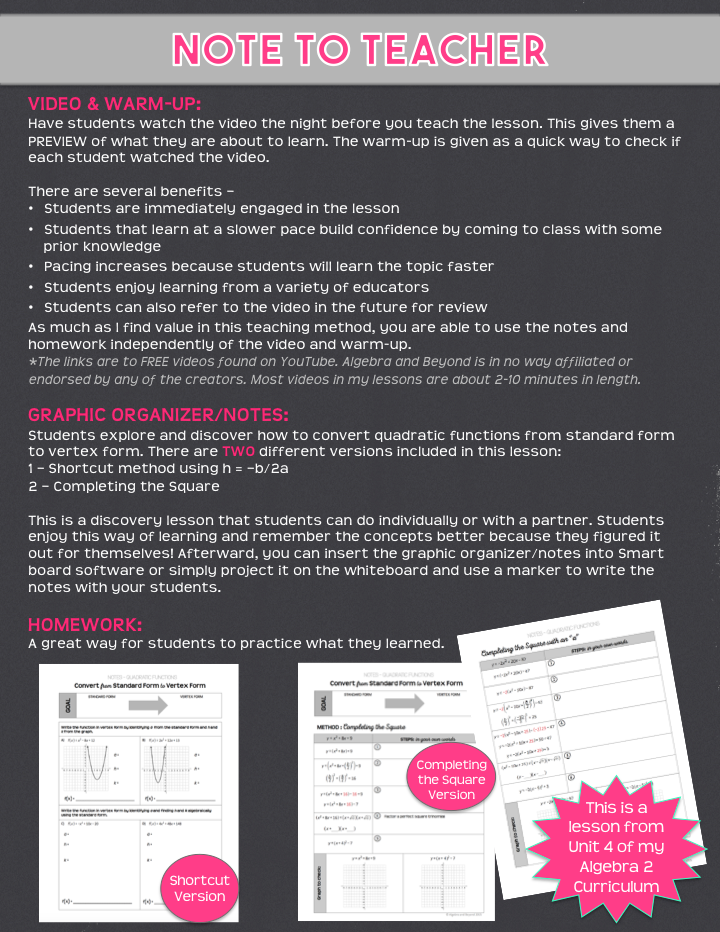 Quadratic Functions: Convert Standard to Vertex Lesson | Warm-Up | Guided Notes