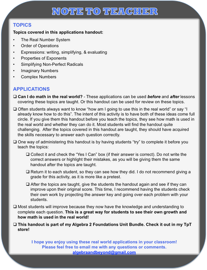 Numbers and Expressions - Real World Applications