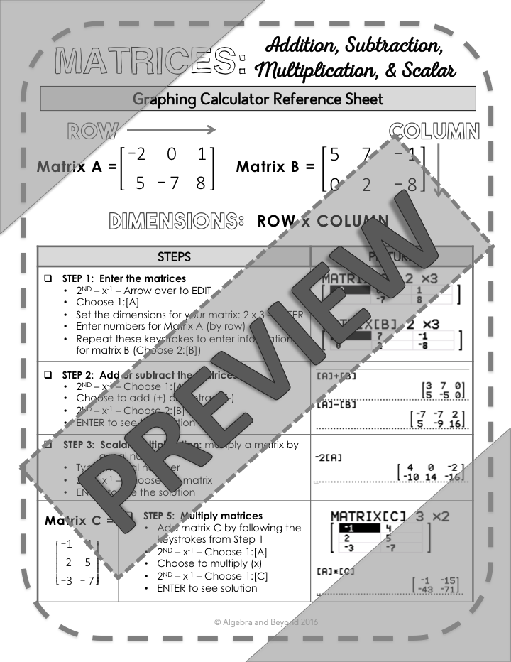 Operations with Matrices | TI-84 Graphing Calculator Reference Sheet