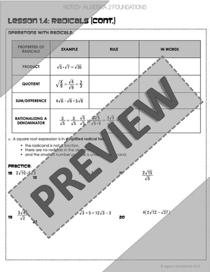 Radicals: Simplifying and Operations Lesson | Warm-Up | Guided Notes | Homework