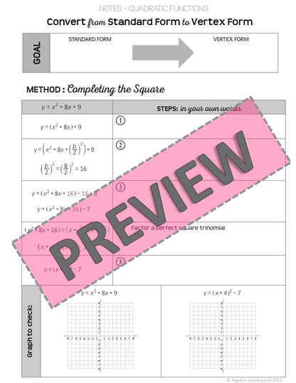 Quadratic Functions: Convert Standard to Vertex Lesson | Warm-Up | Guided Notes