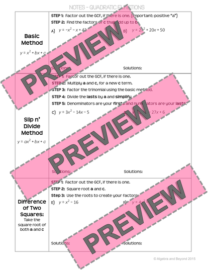 Quadratic Equations: Factoring Lesson | Warm-Up | Guided Notes | Homework