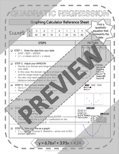 Quadratic Regression | TI-84 Graphing Calculator Reference Sheet and Practice