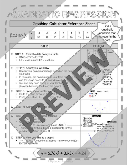 Quadratic Regression | TI-84 Graphing Calculator Reference Sheet and Practice
