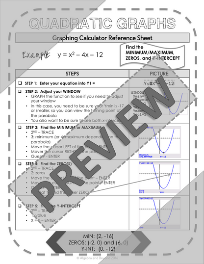Graphing Quadratic Equations | TI-84 Calculator Reference Sheet and Practice