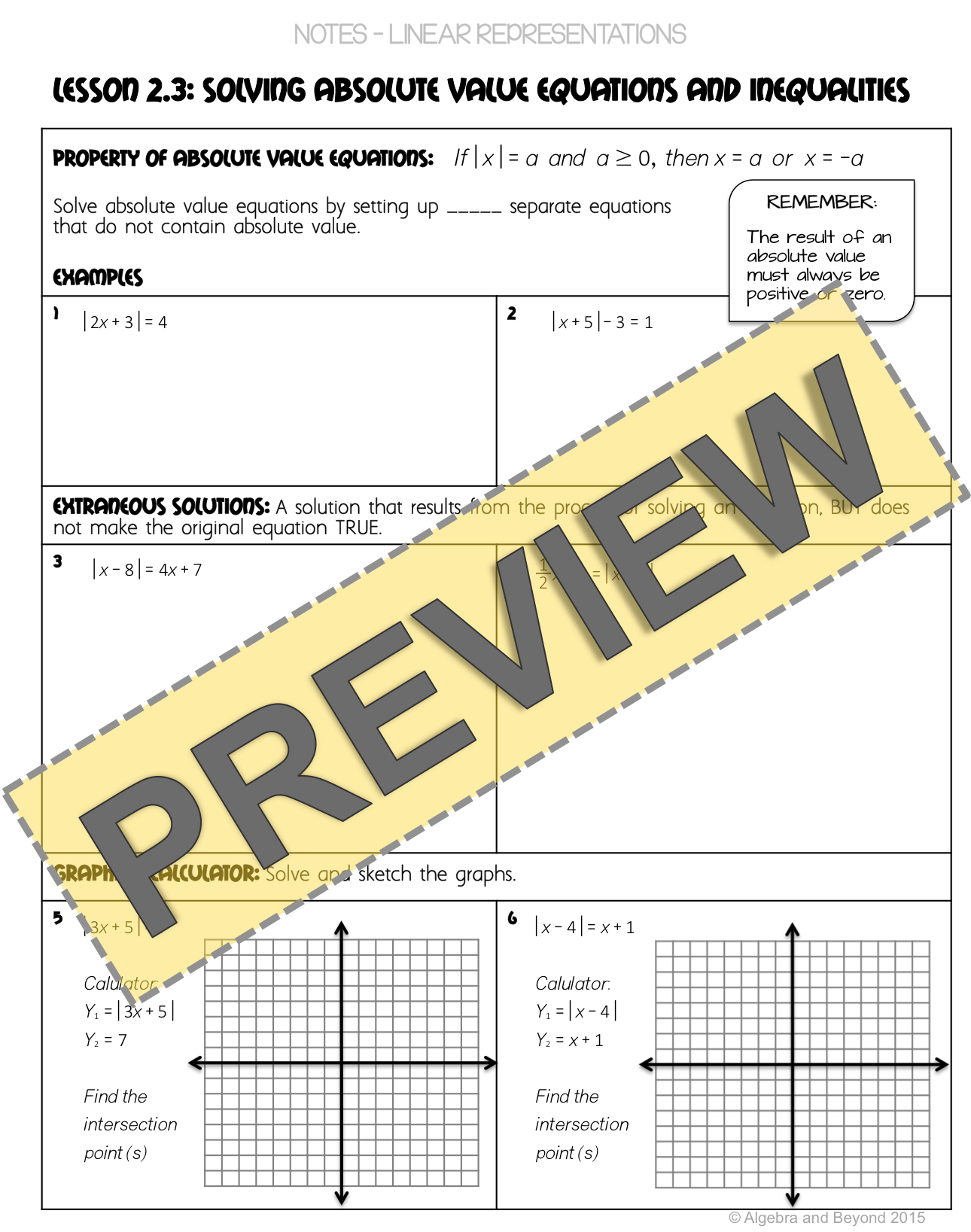 Absolute Value Equations and Inequalities Lesson | Warm-Up | Notes | H ...